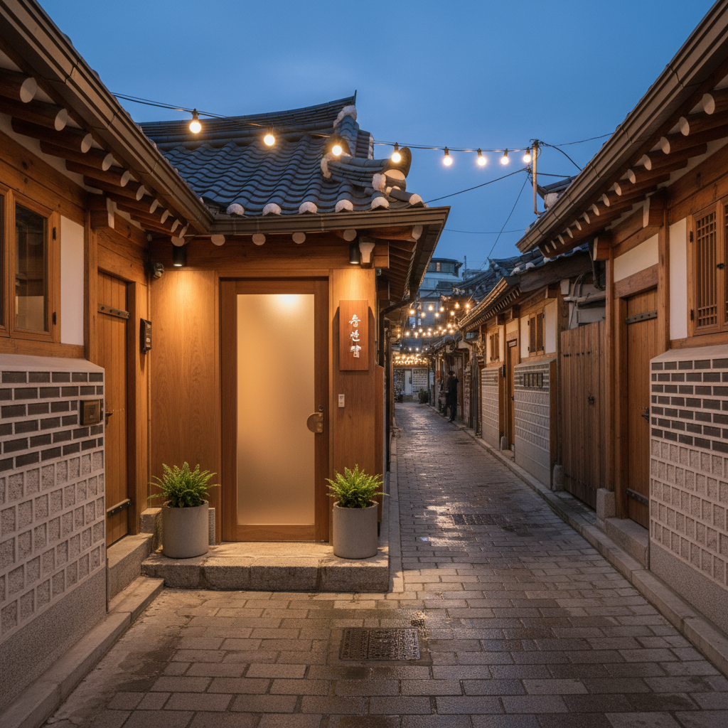 A narrow, photorealistic alley scene in Ikseon-dong, where renovated hanok facades with dark tiled roofs and warm wooden doors line a stone-paved lane. The subject is a discreet, stylish restaurant entrance with a minimalist signboard, frosted glass door, and soft amber light glowing from within. Delicate potted plants in simple concrete planters sit by the threshold, and a small brass door handle gleams subtly. Captured at twilight with the sky still faintly blue, overhead string lights emit a warm, inviting glow that pools onto the ground, creating gentle reflections on slightly damp stones. Shot from a low, forward-facing angle along the alley, the composition draws the eye toward the entrance, conveying the mood of discovering a true local hidden gem rather than a tourist trap.
