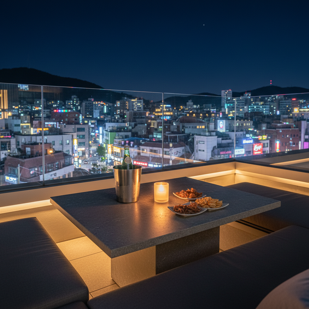 A photorealistic night view of a boutique hotel rooftop terrace in Itaewon, designed with understated luxury. The subject is a low, rectangular stone table with a smooth matte surface, holding a single candle in a frosted glass holder, a chilled bottle of sparkling water in a stainless steel cooler, and a small plate of neatly arranged Korean bar snacks. Surrounding the table are deep charcoal lounge cushions and a glass railing revealing a layered view of Itaewon’s real hillside buildings and scattered neon signs below. Warm ambient lighting from hidden floor fixtures creates soft pools of light, while the sky above is deep navy. Shot from a seated eye-level angle, the composition feels intimate and exclusive, capturing the refined yet authentic nightlife atmosphere of Seoul.