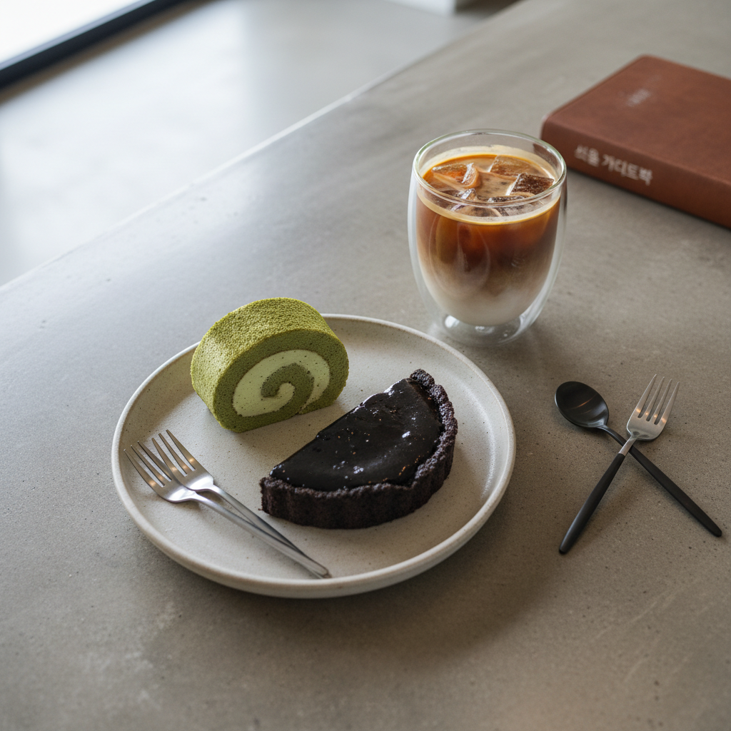 An overhead, photorealistic shot of a polished concrete counter inside a chic Gangnam café, featuring a carefully arranged spread of Seoul specialty desserts and drinks. In the center sits a minimalist stoneware plate with a matcha-cream roll cake, its spiral layers perfectly defined, beside a glossy black sesame tart. Nearby, a double-walled glass holds an iced coffee with distinct gradient from dark espresso to pale milk, beads of condensation glistening. A slim leather-bound Seoul guidebook in Korean rests slightly out of focus at the edge. Soft, diffused afternoon light from a large unseen window creates subtle shadows and highlights on metal cutlery and ceramic textures. The mood is sophisticated and calm, with a clean, modern composition that uses negative space and shallow depth of field to emphasize the refined café culture of the city.