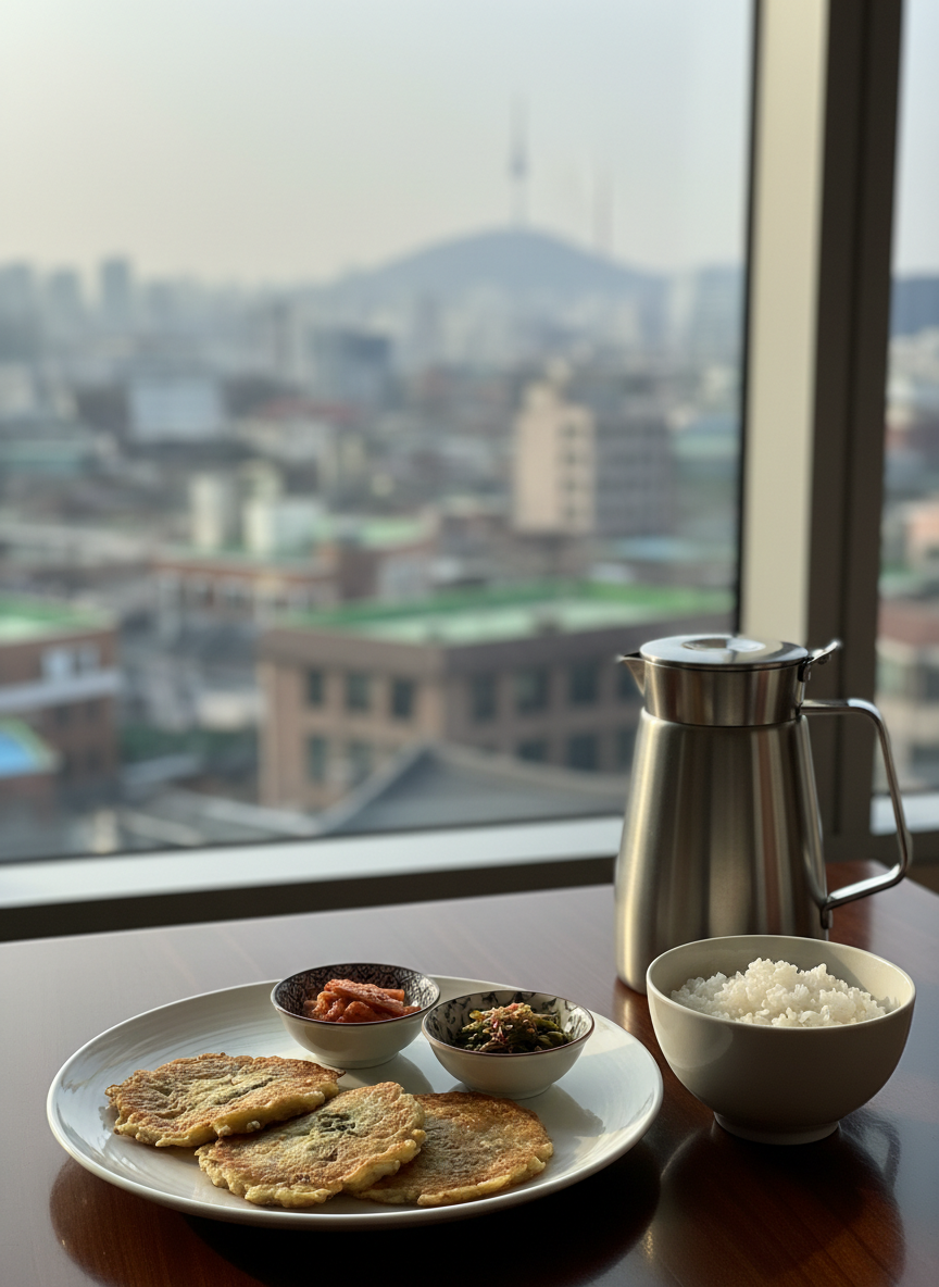 A meticulously plated Seoul hotel breakfast spread arranged on a dark wood table beside a floor-to-ceiling window overlooking a recognizable cityscape of Jongno low-rises and Namsan Tower in the distance. On a simple white porcelain plate sit golden, crispy Korean-style pancakes, small dishes of kimchi and namul, and a perfectly steamed white rice bowl in matte ceramic. A stainless steel coffee pot with a brushed finish catches the soft morning sunlight streaming in, creating gentle highlights and long, delicate shadows. Shot at eye level with a slight angle toward the window, the foreground food is in sharp focus while the city view gently blurs into a sophisticated bokeh. The mood is calm, refined, and quietly luxurious, suggesting an insider’s hotel experience rather than a generic buffet.